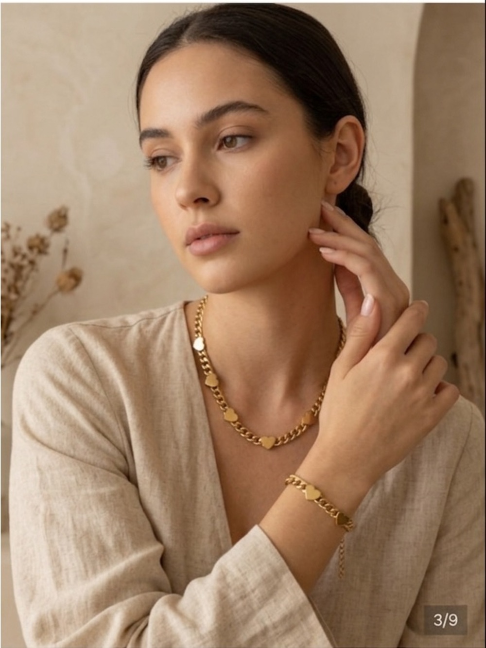 Gold Heart Link Necklace and Bracelet Set - Women Jewelry Stainless Steel